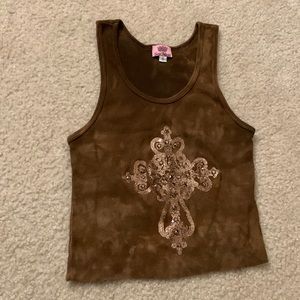 Brown tie dye bedazzled cross tank